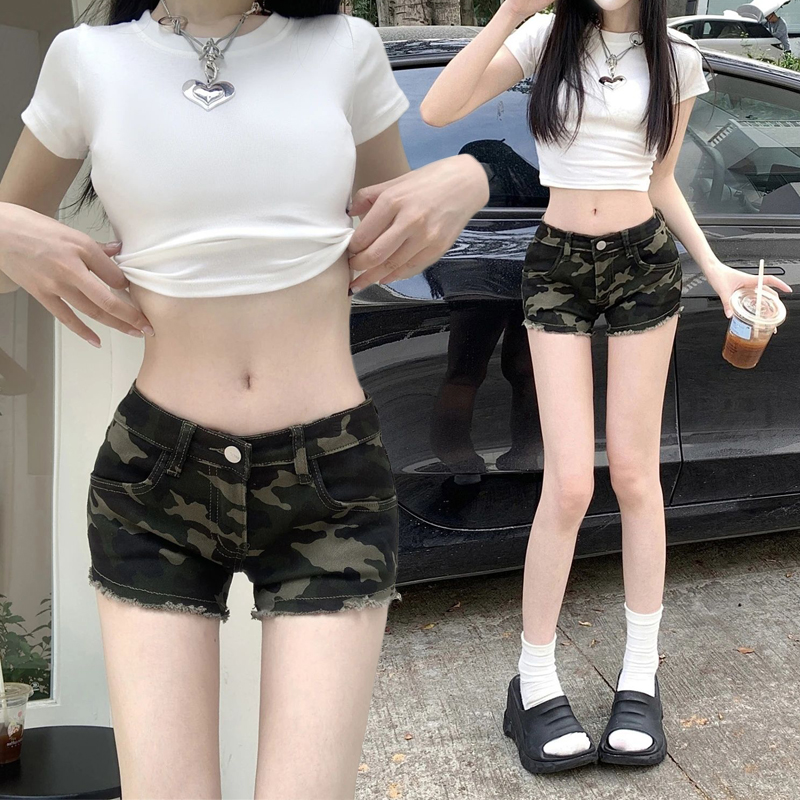 American hot and spicy tight skinny camouflage low-waisted work denim shorts for women 2025 summer new breasted hot pants