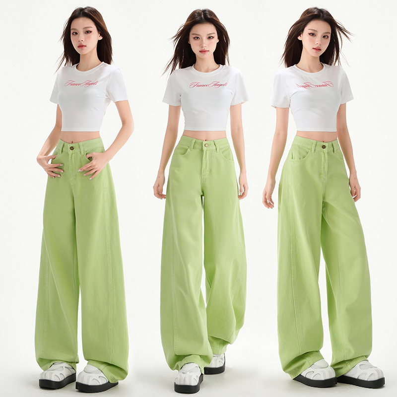 Exclusive for small people ~ dopamine yellow, apple green, cherry blossom powder high waist loose and slim high street washing pants