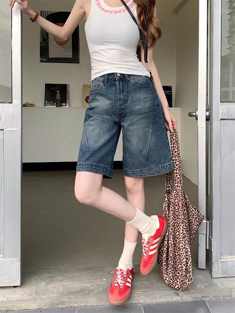 實拍~復古辣妹五分褲牛仔短褲女高腰寬鬆設計感直筒闊腿中褲