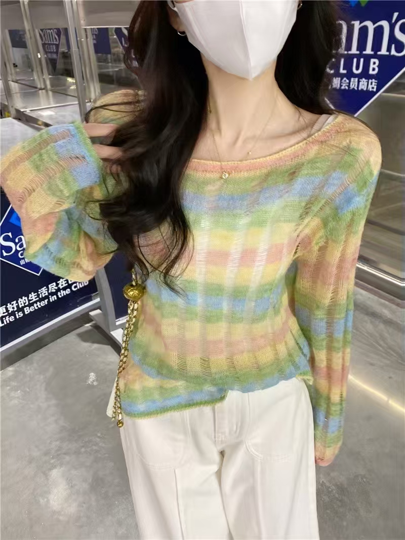 kumikumi設計感彩色條紋長袖針織衫女裝春季小眾減齡鏤空短款上衣
