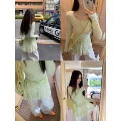 Korean cotton green lace skirt long-sleeved T-shirt for women 2025 spring outfit slim mid-length unique top