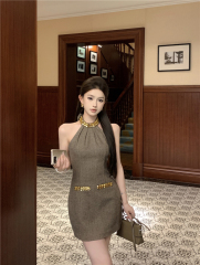 實拍~氣質優雅重工無袖掛脖修身連衣裙高級小禮裙