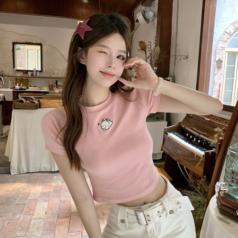 Colorful cotton pull-up new American retro bow loose shoulder short-sleeved T-shirt for women