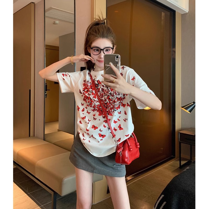 Official pictures 21 200g high-precision butterfly printed short-sleeved T-shirt for women in summer casual and versatile