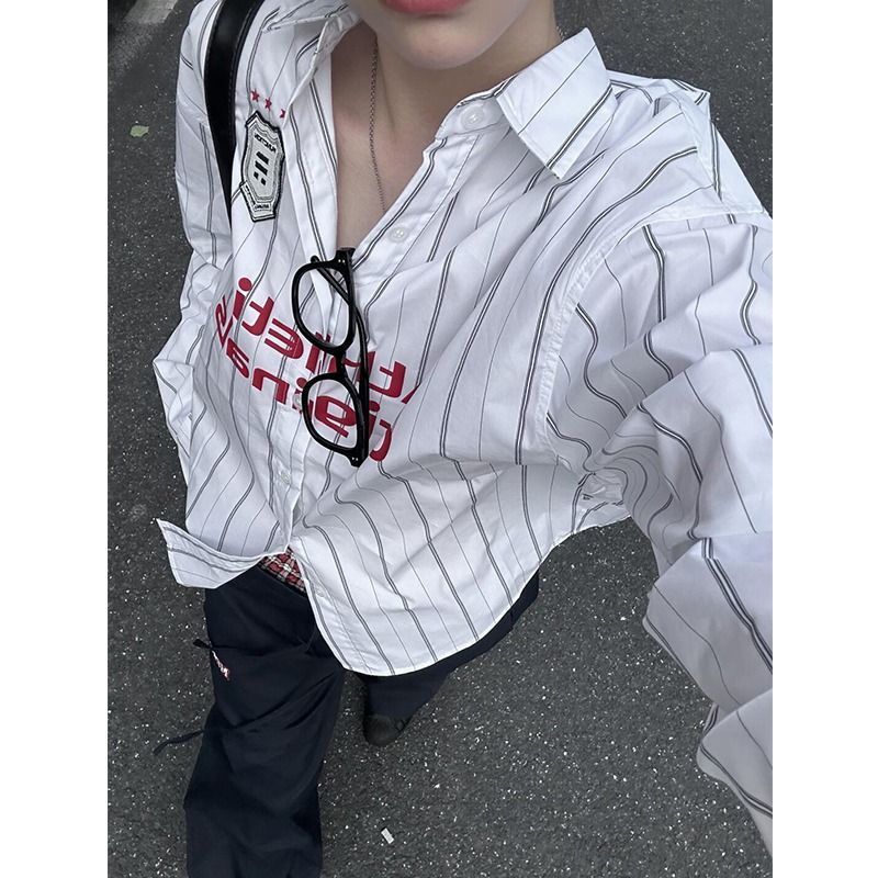 美式復古球衣條紋襯衫復古字母長袖襯衣寬鬆休閒運動潮流外穿情侶