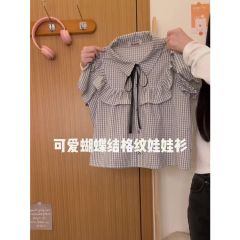 New summer American retro bow plaid shirt for women with high-end light luxury age reduction doll shirt top