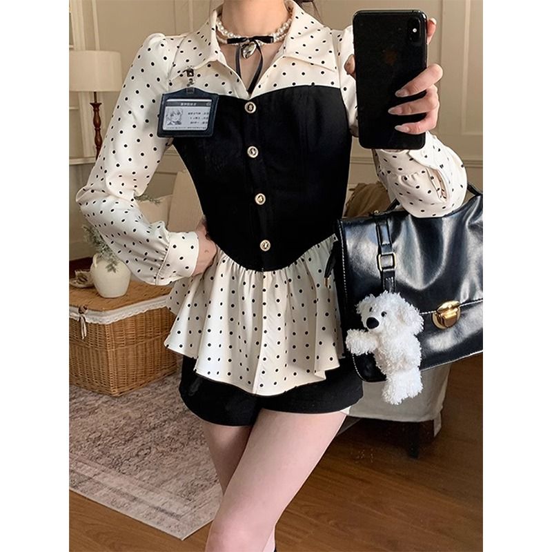 Original fabric does not fade Miu temperament polka dot shirt for women in spring waist-hugging contrasting splicing top