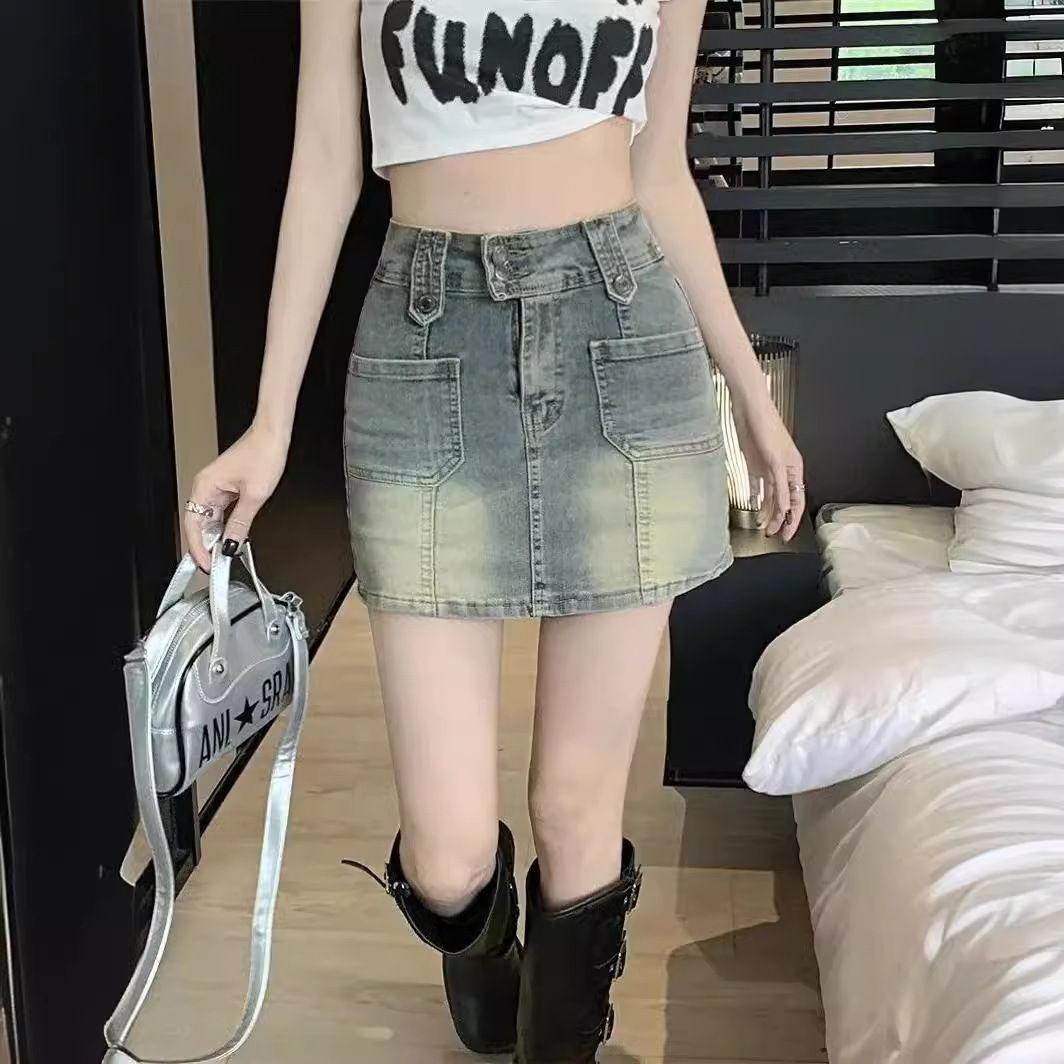 Yellow mud hot girl high waist denim skirt for women in summer new elastic slim fit versatile anti-exposure hip-covered skirt