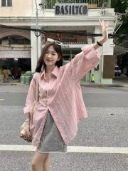 Plaid fabric Korean pink striped cardigan shirt autumn large size top sun protection temperament casual top
