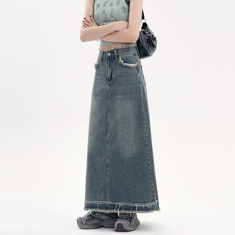 American fur-edged denim skirt for women's spring and autumn new high-waisted slim design niche A-line denim skirt