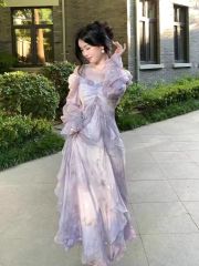 2025 Temperament Fairy Purple Smudge Fairy Butterfly Gold Flat Lotus Leaf Long Sleeve Dress Korean Single Foreign Trade Cross-border Explosion