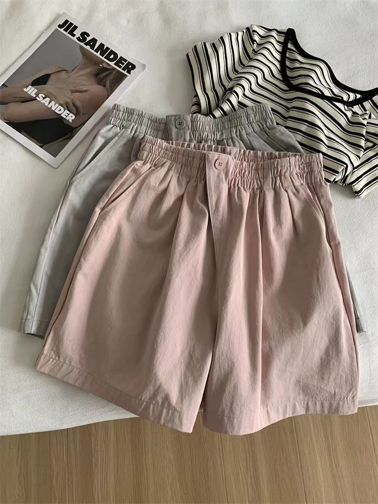 Washed cotton, design-slanted placket, high waist wide-leg casual pants, new style of washing cotton shorts for women