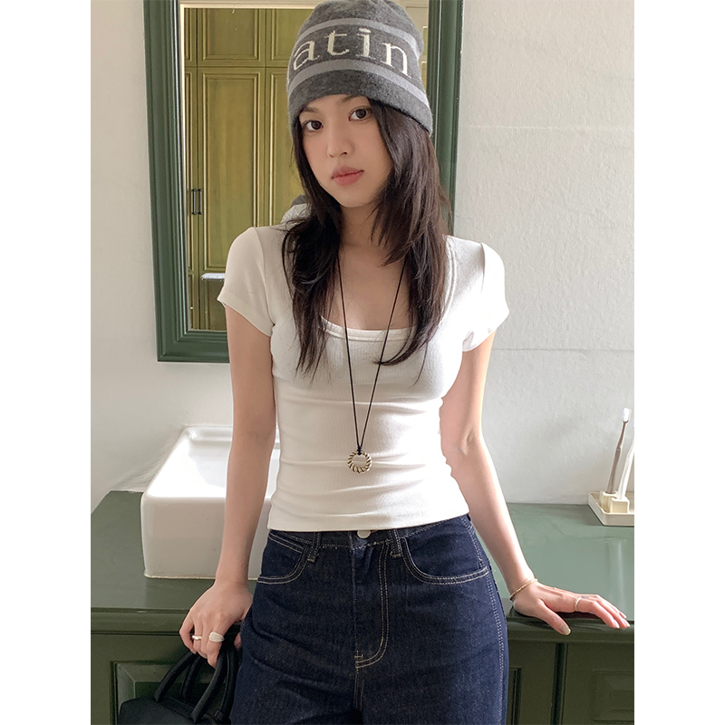 Real photo solid color U-neck elastic short-sleeved T-shirt 2025 summer short slim white base shirt top