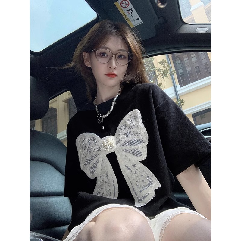 Official photo 32 double yarns bow black short-sleeved T-shirt for women in summer 2025 new style