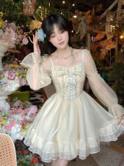 Blovelan Chunchuan Leaf Sweet Princess Dress French Retro Lace Embroidered Waist Strap Dress