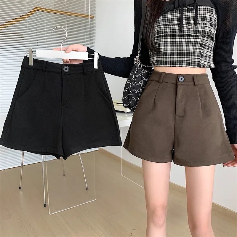 時尚黑色小個子熱褲女春夏季西裝短褲150高腰A字闊腿顯瘦靴褲女