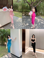 Real photos of vacation style sexy elastic neck vest skirt vest skirt vest tie waist tie slit dress