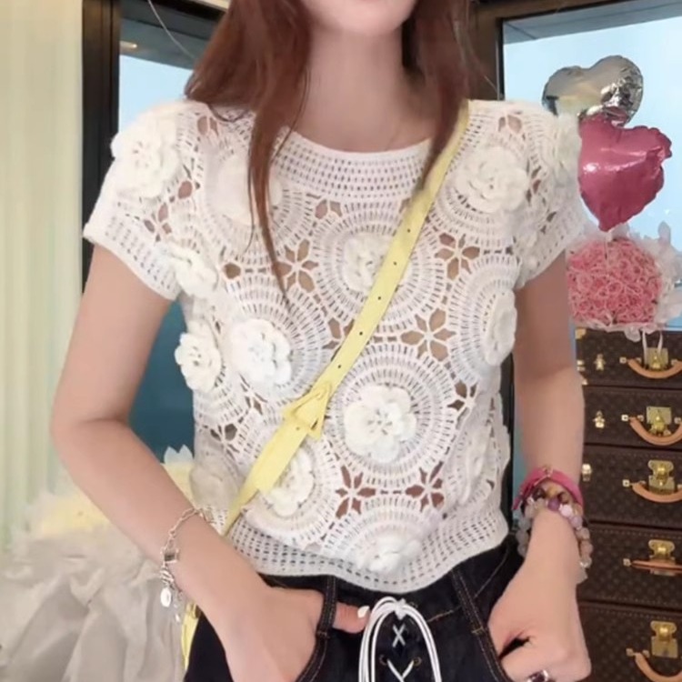 Crochet hollow white sweater short-sleeved T-shirt women's summer 2025 new short top design niche
