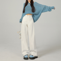 Flat pocket design ~ Comfortable and fashionable coexist!  Leather brand wide-leg jeans for women with high waist loose drape straight-leg pants