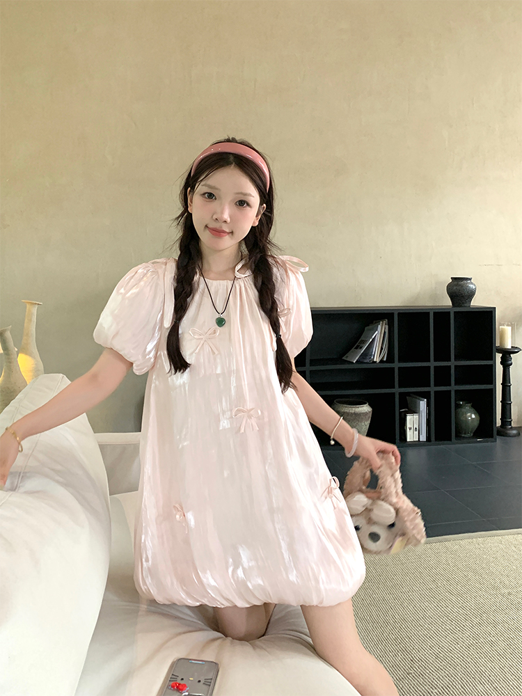 實拍 元氣少女韓chic夏粉嫩蝴蝶結花苞下擺連衣裙