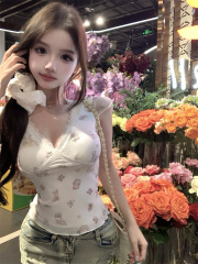 Real-life sweetheart floral v-neck lace cross short-sleeved T-shirt for women's summer shoulder slim top