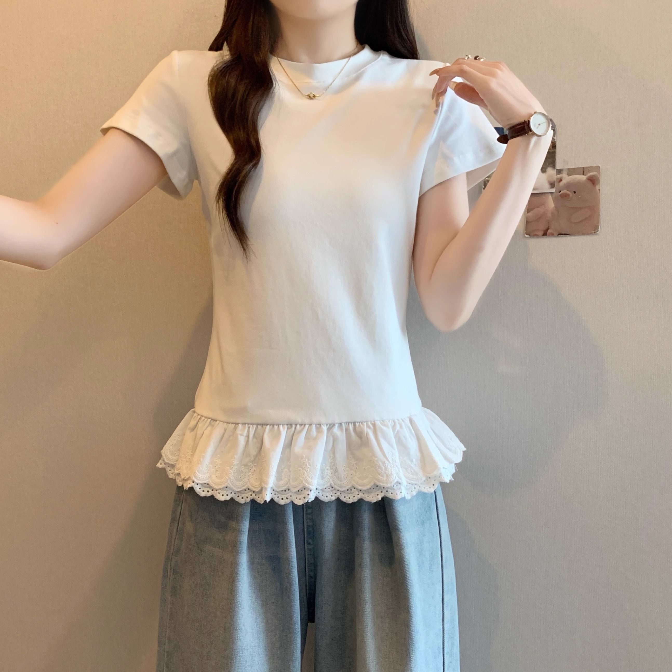 後包領+原花邊蕾絲拼接短袖T恤女夏季純棉修身顯瘦花灰色上衣
