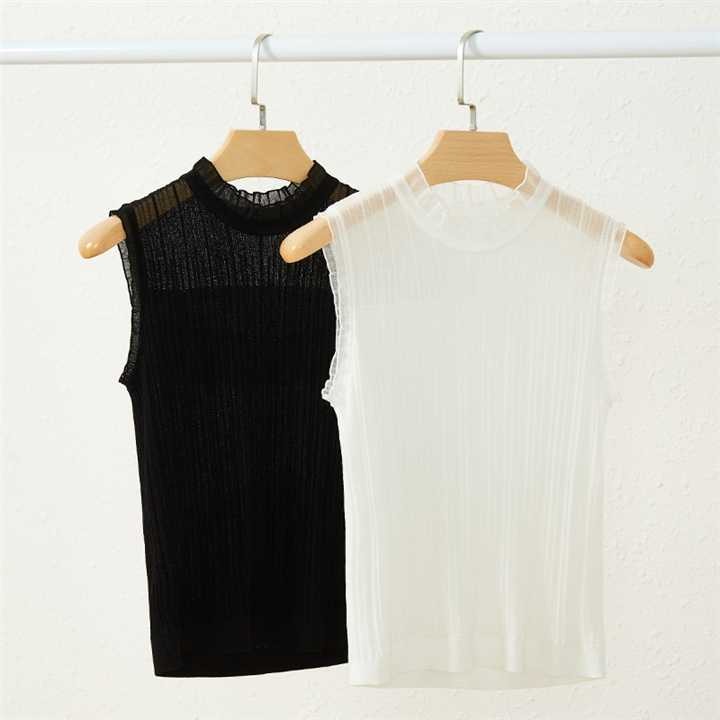 Wool knitted suspender vest women's temperament half high neck lace edge spliced ​​sleeveless base shirt suit