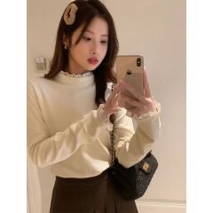 1×1 threaded German velvet Korean design lace base shirt spliced ​​half turtleneck German velvet top women's long-sleeved T-shirt