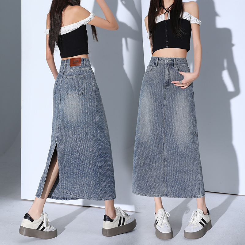 Galaxy Gradient Meteor Blue ~ Textured high-waist denim skirt for women 2025 new mid-length slim hip-packing skirt