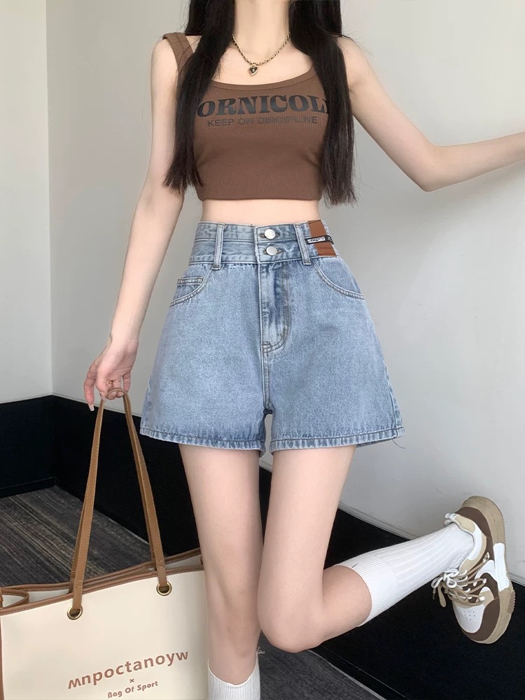 Double button high waist denim shorts for women in summer thin 2025 new design pants wide-leg A-line internet celebrity hot pants