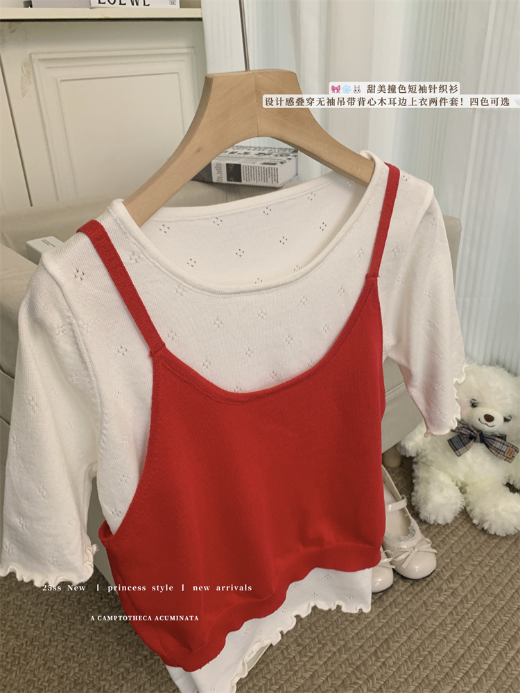 Real shot of 25-year new contrasting color black ear short-sleeved sweater for women's design sense layered sleeveless suspender top