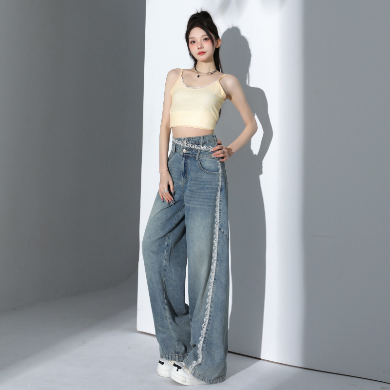 Lace lace light-colored jeans for women in spring and summer new design irregular high waist loose wide-leg pants