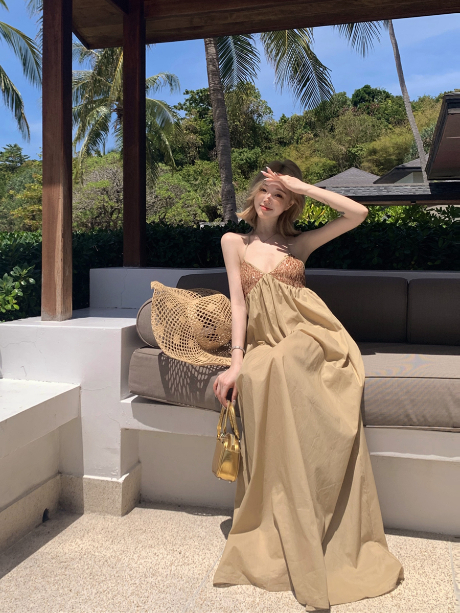 實拍性感度假風V領亮片拼接掛脖連衣裙吊帶長裙女