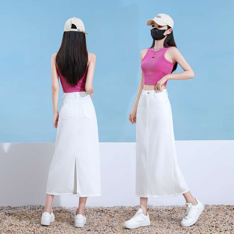 Three-proof white tines soft and breathable ~ Ins denim skirt women's versatile slim small slit long skirt