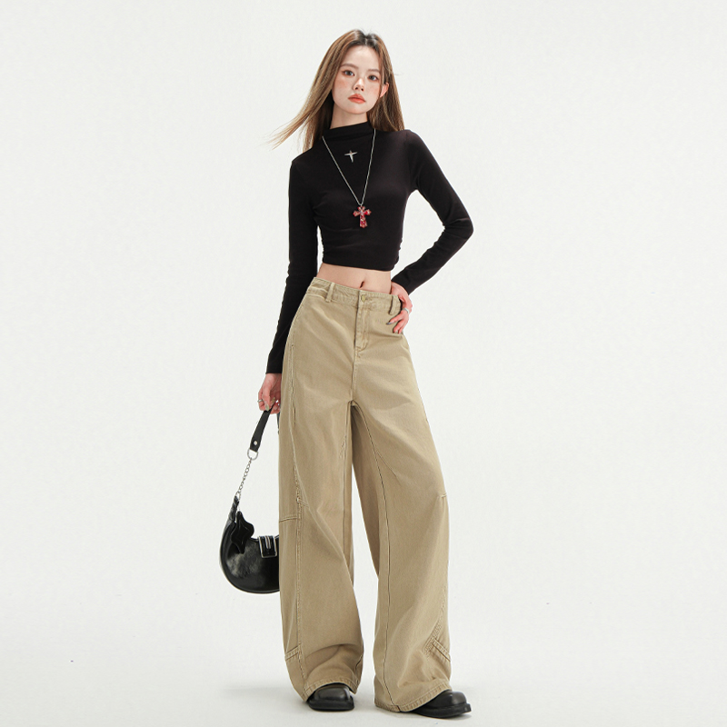 Three-dimensional tailoring ~ lazy Fengshen pants!  Khaki beige pants women's spliced ​​loose wide-leg straight trousers extended