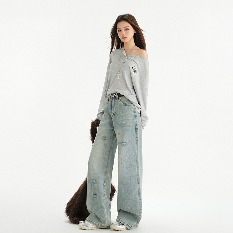 American street-made old washing and shabby wind light-color washing scratches retro grinding straight wide-leg jeans