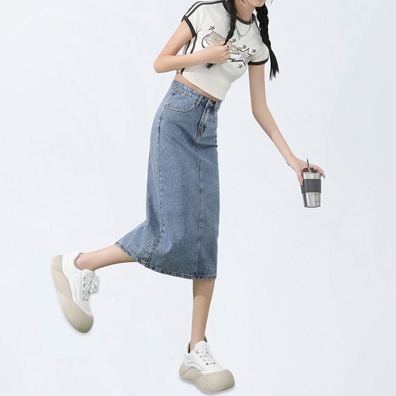 Hot girls simple Korean high-waist denim skirt A-line skirt for women in spring and summer new slim American retro hip denim skirt