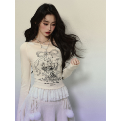 Original worker cotton 260g black ears lace pure slant shoulder T-shirt for women's spring long-sleeved slim sweet and spicy top