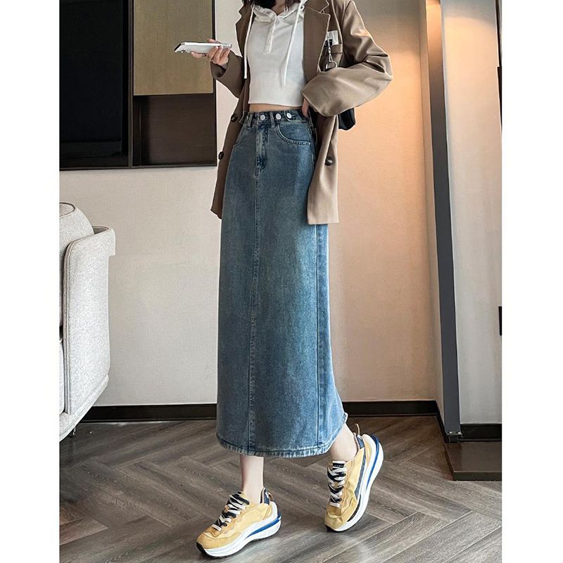 Slit half-body denim skirt for women in autumn new high-waisted slim hip A-line mid-length niche design denim skirt