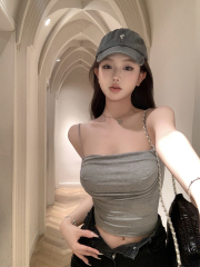 實拍復古性感短款一字領褶皺針織內搭吊帶背心胸墊上衣女