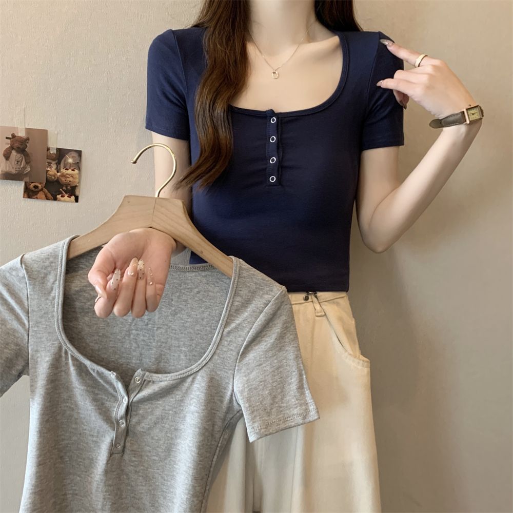 實拍  40支純棉210克92棉/8氨綸短袖T恤女紐扣