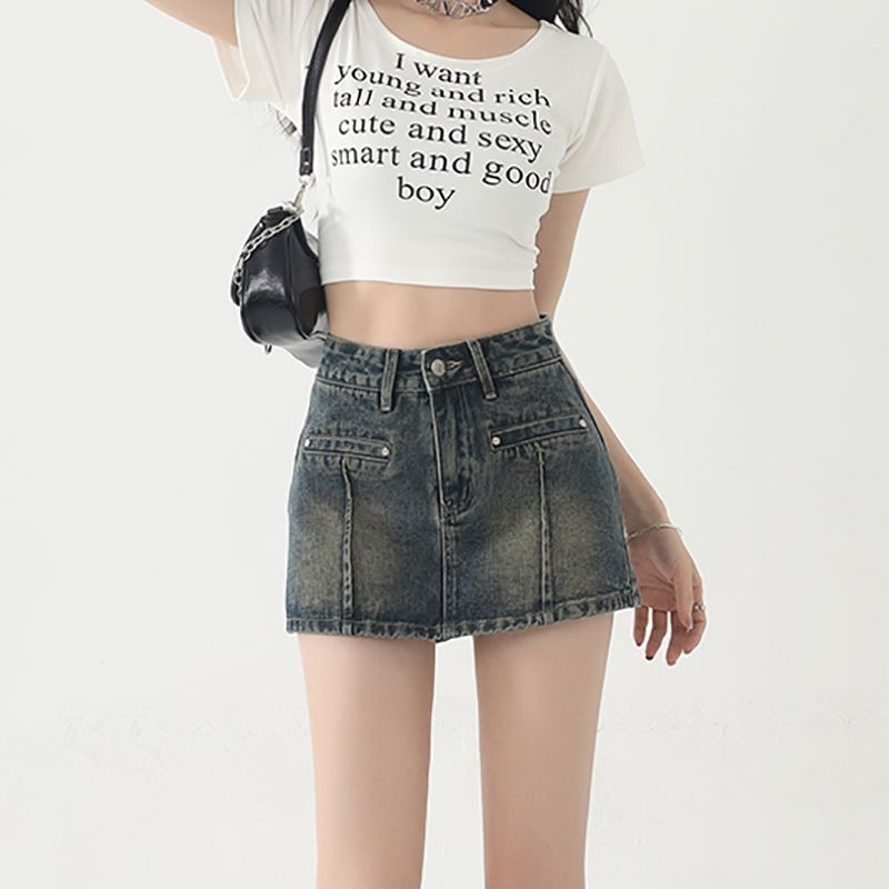 Korean style personalized denim short skirt for women in spring and summer new A-line half-body American high-waisted hot girl hip jeans skirt