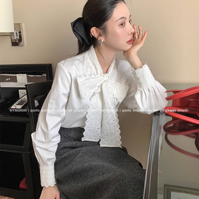 All-cotton French style bow white shirt women's long-sleeved inner layer layered chic top age-reducing base shirt
