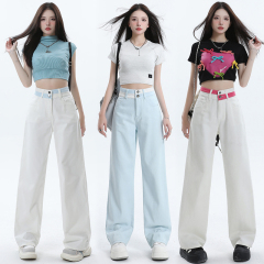 2025 spring embroidered new casual straight-leg pants wide-leg pants women's denim women's high-waist pants long trousers extended