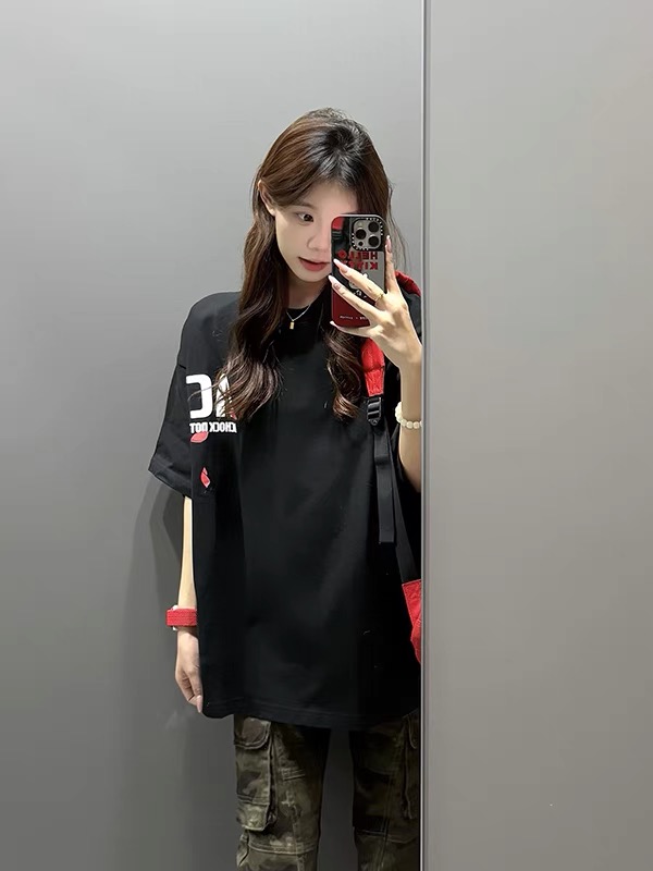 純棉韓國chic美式復古夏季新款短袖T恤女前後印花颯時髦上衣潮