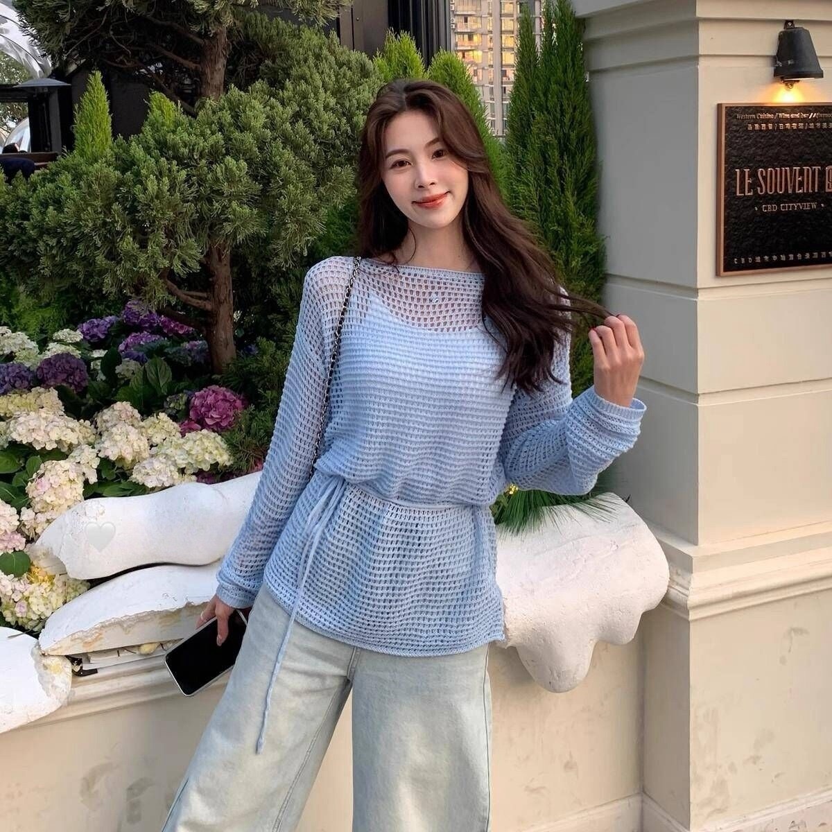 Korean Style Gentle Solid Color Round Neck Mesh Long Sleeve Knit Top Outerwear for Women 2025 Spring New Thin Shirt
