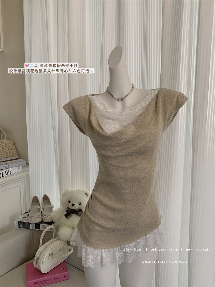 Real-life 25-year new pure hot girl lace spliced ​​sleeveless T-shirt for women