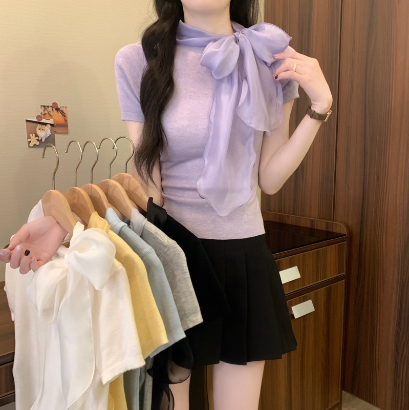 實拍夏季多巴胺蝴蝶結設計感別致系帶純欲辣妹短款小個子上衣