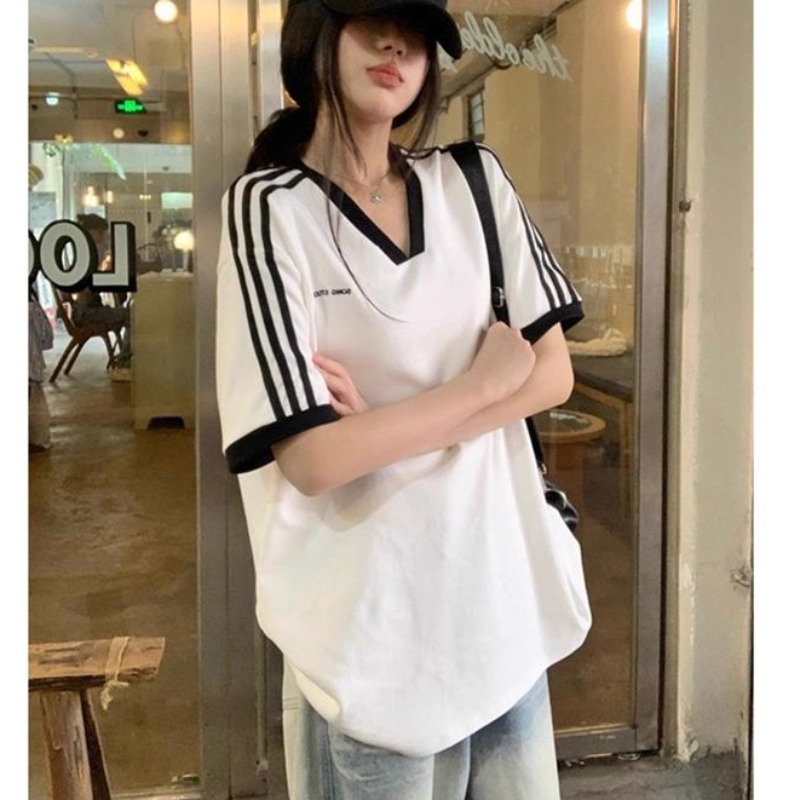 Fine shuttle 100% cotton contrast V-neck striped short-sleeved T-shirt casual versatile top student