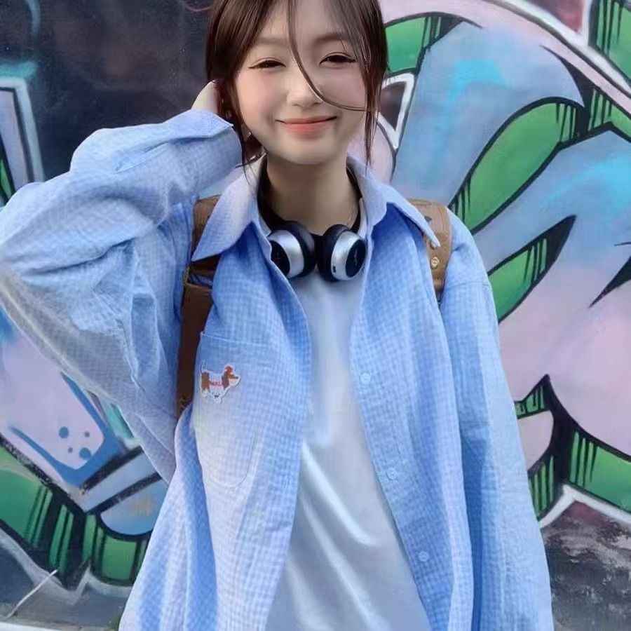 Dachshund puppy embroidered plaid shirt for women 2025 spring and autumn fashion versatile age-reducing commuter outerwear top